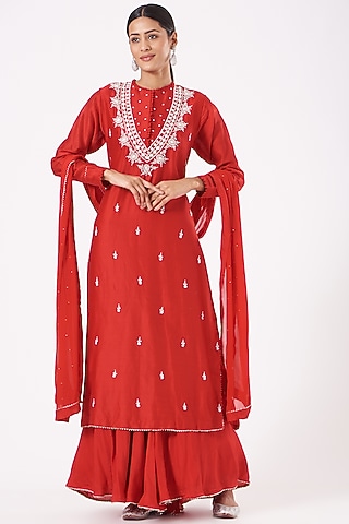 Cadium Red Silk Muslin Gharara Set by Aksh