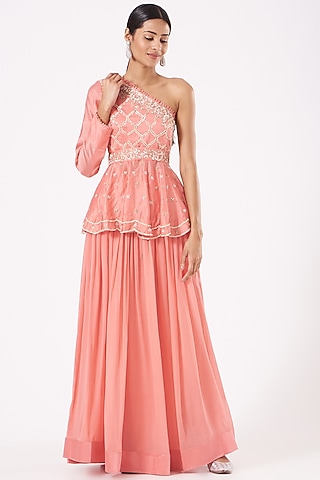 Coral Georgette Pleated Skirt Set by Aksh