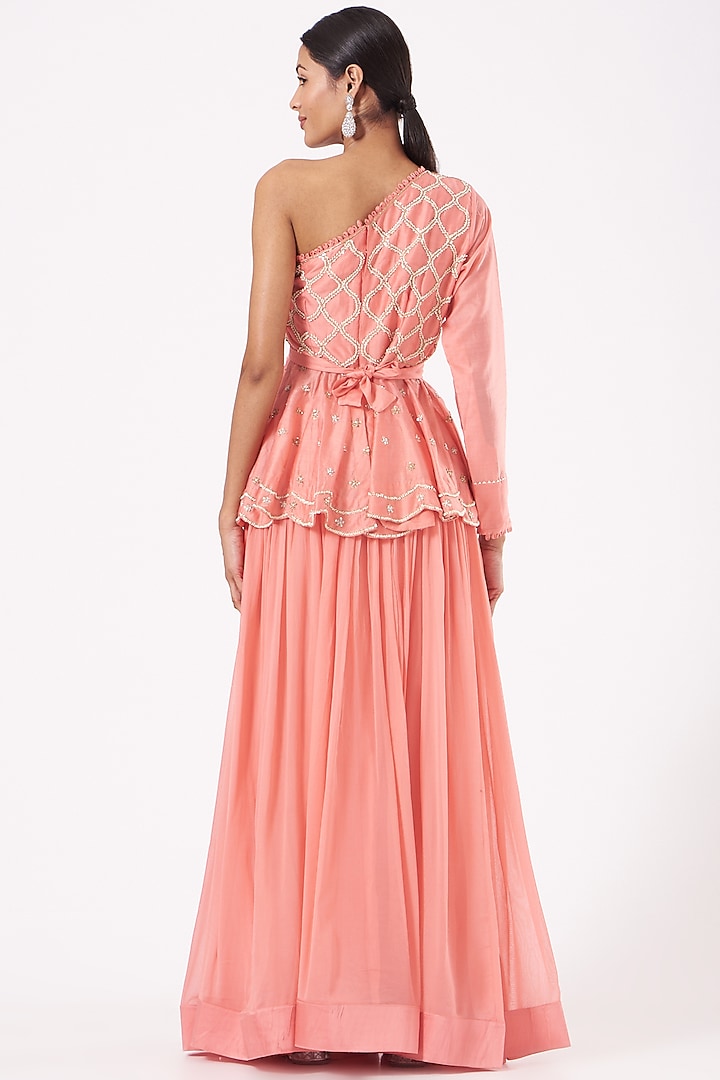 Coral Georgette Pleated Skirt Set by Aksh at Pernia's Pop Up Shop