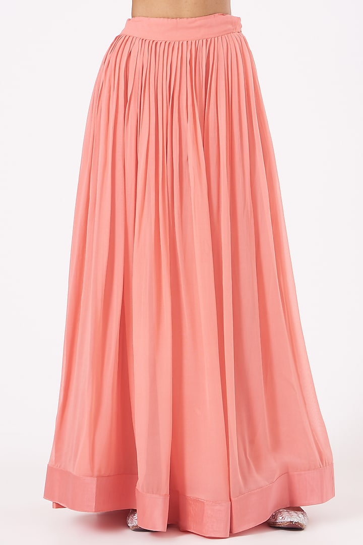 Coral Georgette Pleated Skirt Set by Aksh at Pernia's Pop Up Shop