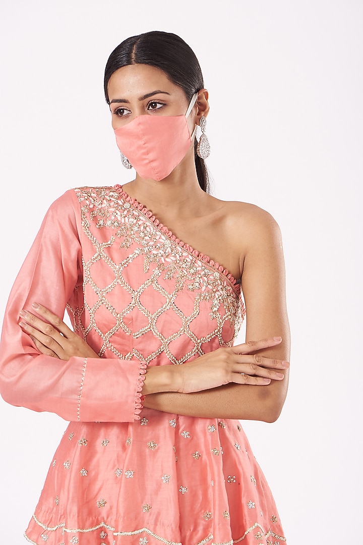 Coral Georgette Pleated Skirt Set by Aksh at Pernia's Pop Up Shop