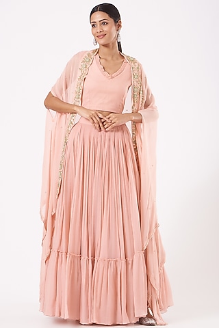 Light Rose Pink Embroidered Pleated Skirt Set With Cape by Aksh