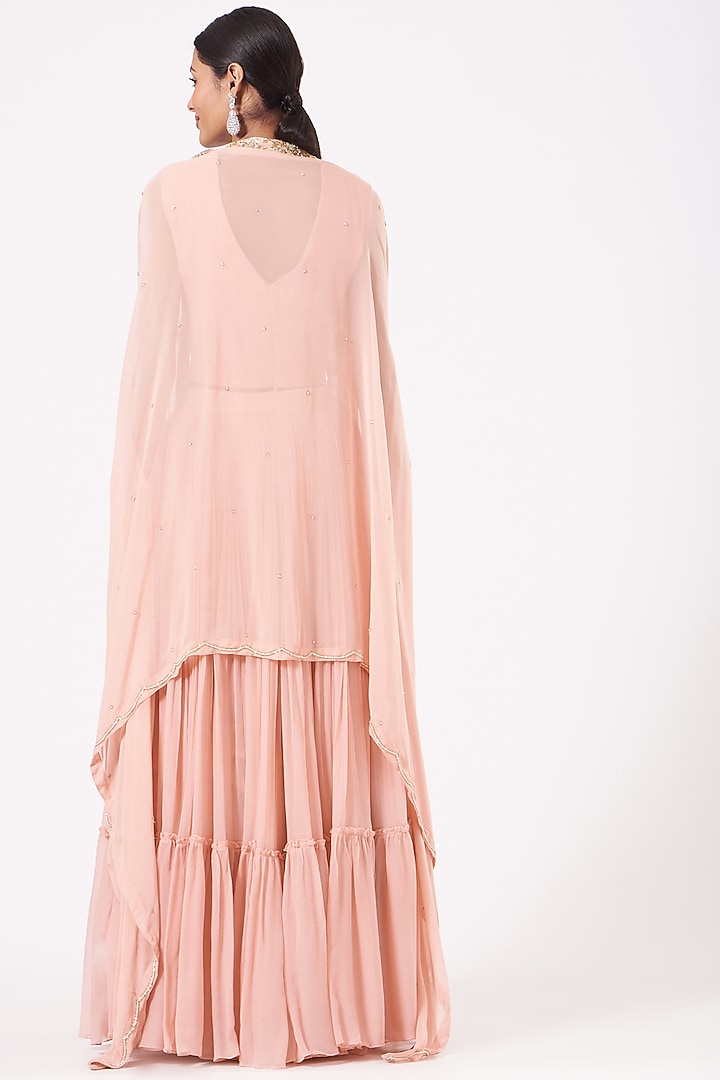 Light Rose Pink Embroidered Pleated Skirt Set With Cape by Aksh at Pernia's Pop Up Shop