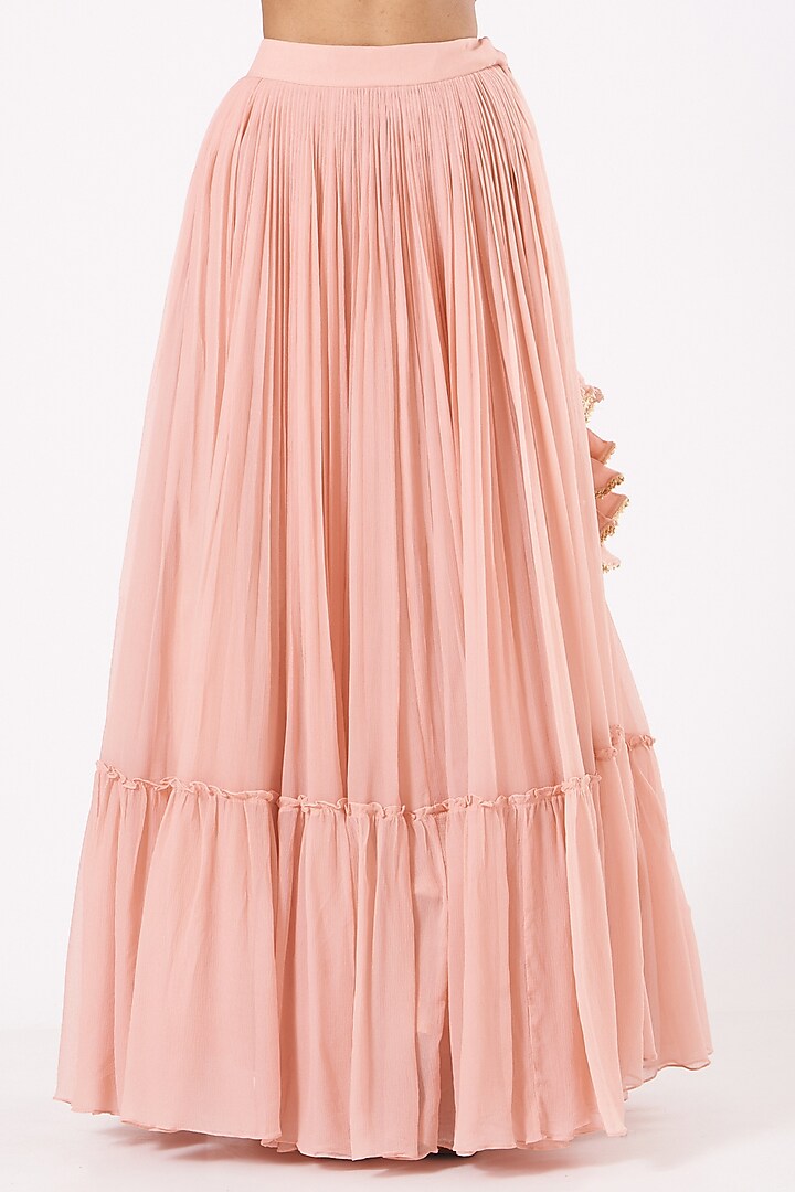 Light Rose Pink Embroidered Pleated Skirt Set With Cape by Aksh at Pernia's Pop Up Shop