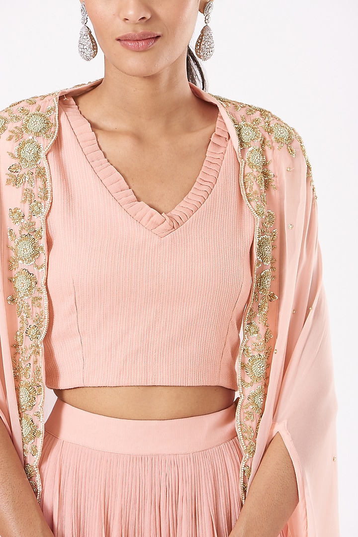 Light Rose Pink Embroidered Pleated Skirt Set With Cape by Aksh at Pernia's Pop Up Shop