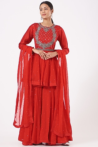 Fiery Red Organza Dot Gharara Set by Aksh
