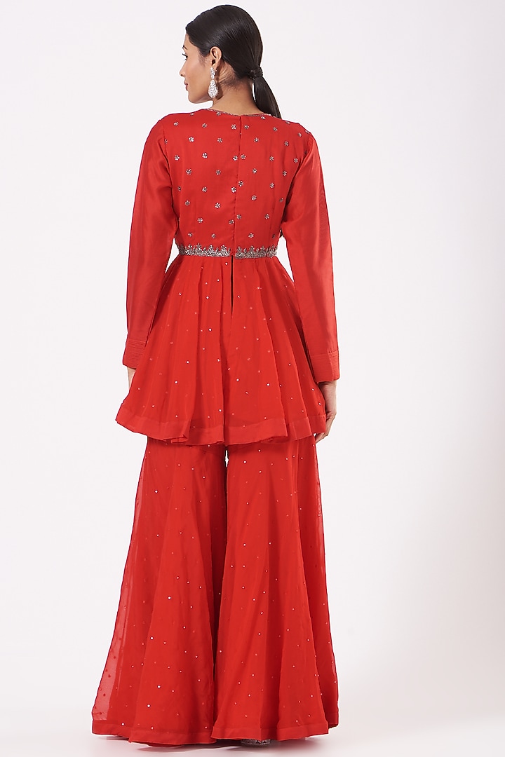 Fiery Red Organza Dot Gharara Set by Aksh at Pernia's Pop Up Shop