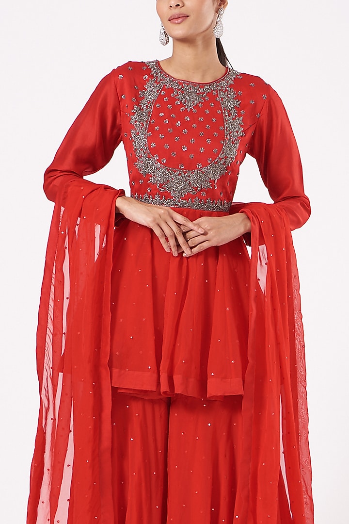 Fiery Red Organza Dot Gharara Set by Aksh at Pernia's Pop Up Shop