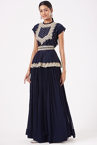 Dark Navy Blue Georgette Pleated Skirt Set by Aksh