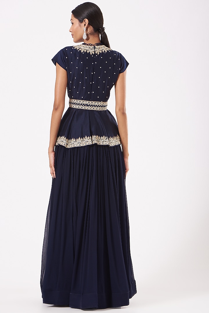 Dark Navy Blue Georgette Pleated Skirt Set by Aksh at Pernia's Pop Up Shop