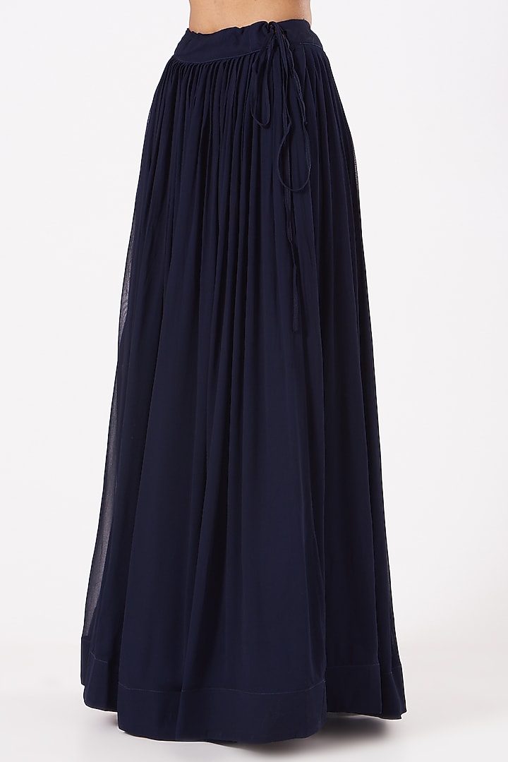 Dark Navy Blue Georgette Pleated Skirt Set by Aksh at Pernia's Pop Up Shop