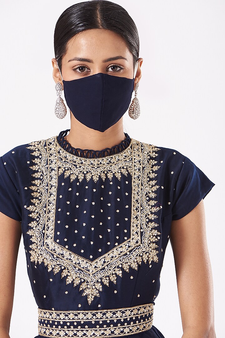 Dark Navy Blue Georgette Pleated Skirt Set by Aksh at Pernia's Pop Up Shop