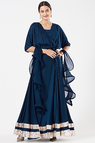 Deep Blue Satin Lampi Finished Skirt Set by Aksh