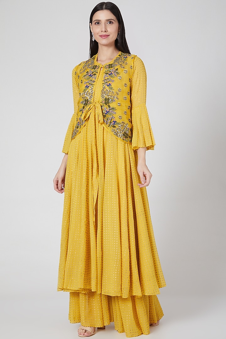 Yellow Georgette Printed Gharara Set by Aksh