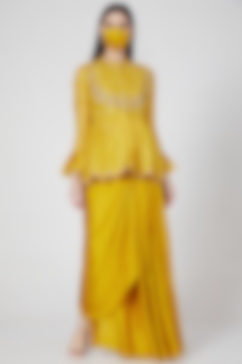 Yellow Draped Skirt Set With Zardosi Work by Aksh at Pernia's Pop Up Shop