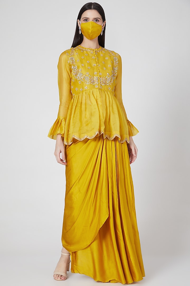 Yellow Draped Skirt Set With Zardosi Work by Aksh