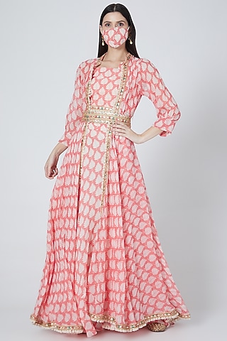 Peach & White Printed Jacket Set by Aksh