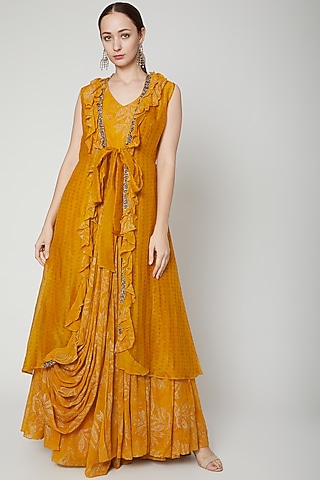 Yellow Printed Draped Anarkali With Ruffled Jacket by Aksh