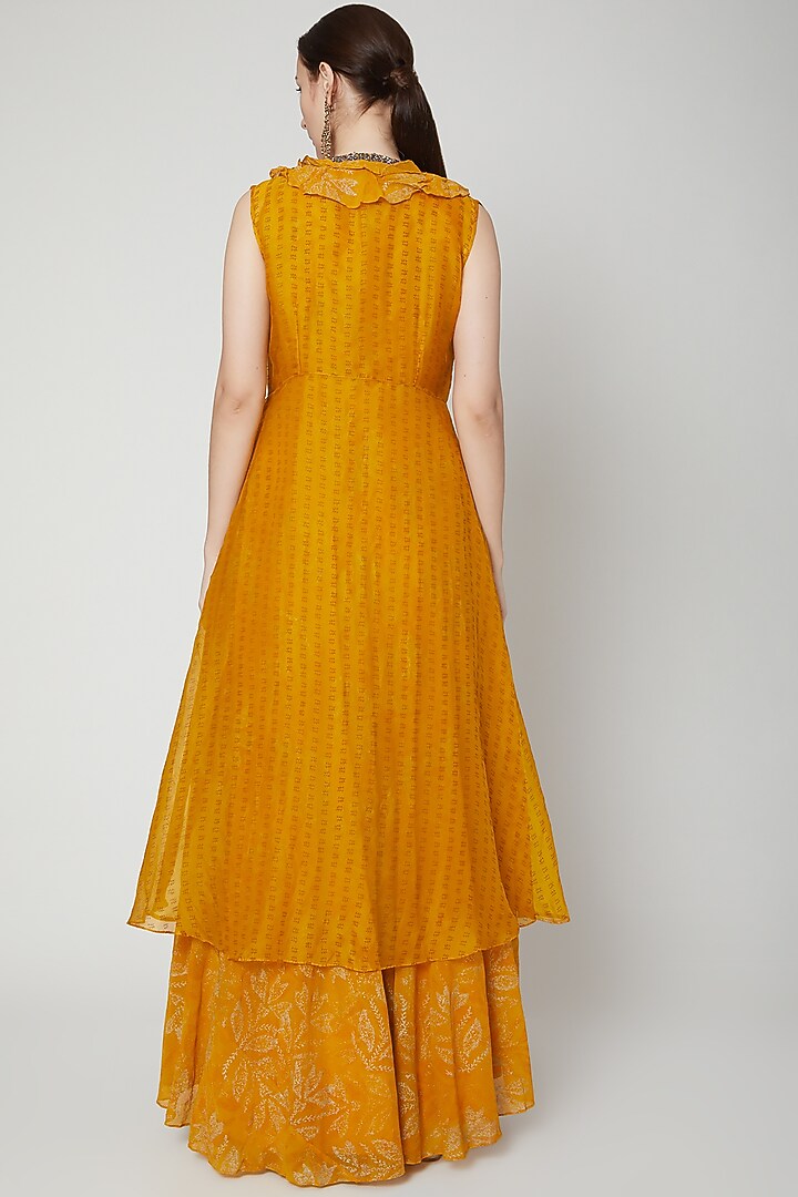 Yellow Printed Draped Party Wear Anarkali With Ruffled Jacket by Aksh at Pernia's Pop Up Shop