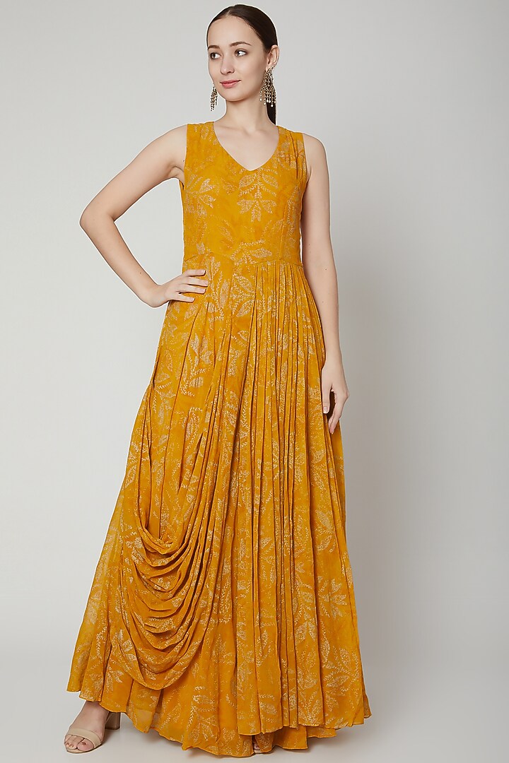 Yellow Printed Draped Party Wear Anarkali With Ruffled Jacket by Aksh at Pernia's Pop Up Shop