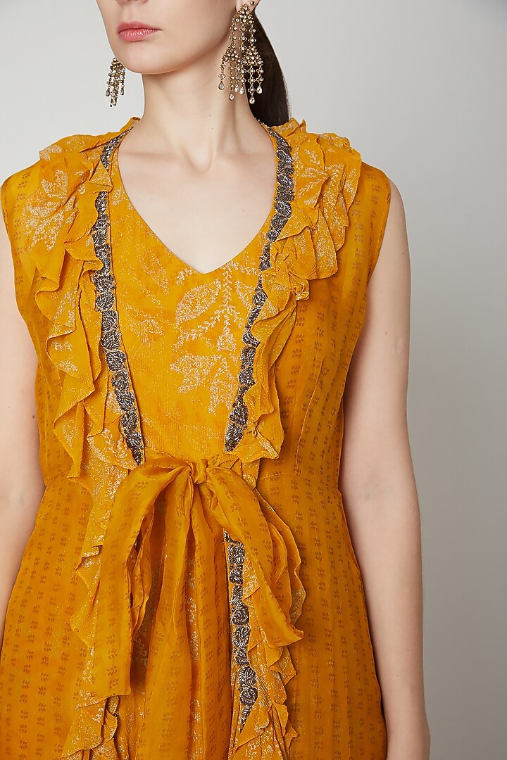 Yellow Printed Draped Party Wear Anarkali With Ruffled Jacket by Aksh at Pernia's Pop Up Shop