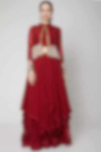 Maroon Embroidered Jacket Lehenga Set by Aksh at Pernia's Pop Up Shop