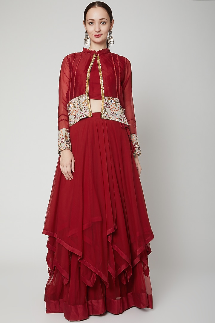Maroon Embroidered Jacket Lehenga Set by Aksh at Pernia's Pop Up Shop