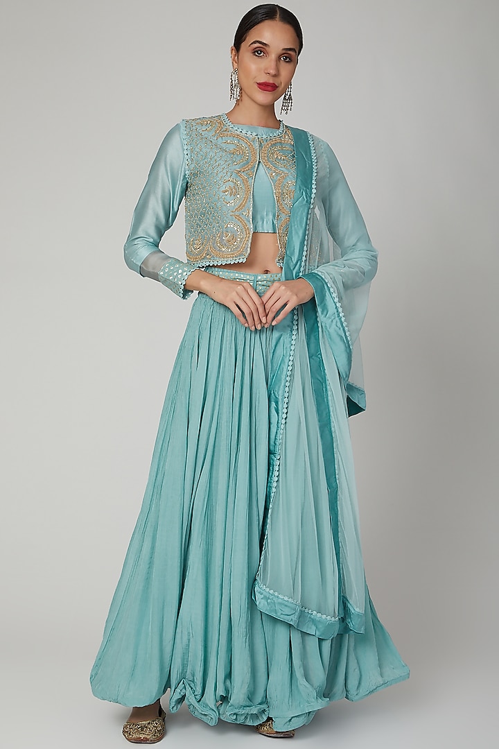 Turquoise Embroidered Lehenga Set by Aksh
