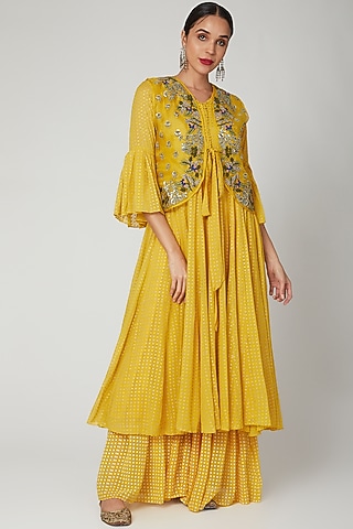 Yellow Embroidered Sharara Set by Aksh