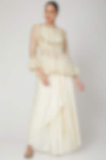 White Embroidered Draped Skirt Set by Aksh at Pernia's Pop Up Shop