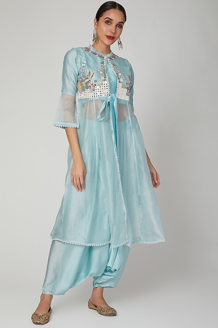 Turquoise Embroidered Jacket Set by Aksh at Pernia's Pop Up Shop
