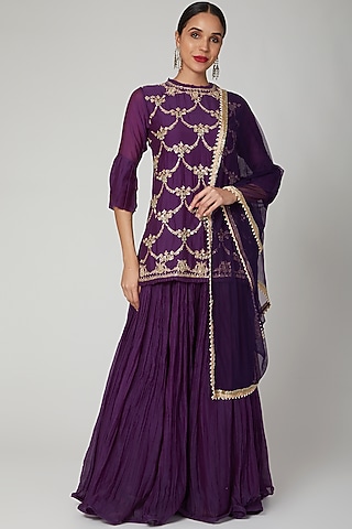 Wine Habutai Silk Crushed Lehenga Set by Aksh