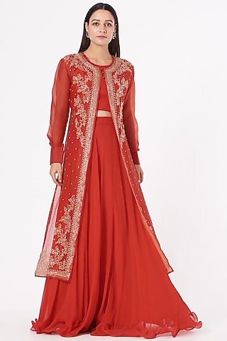 Cadmium Red Georgette Skirt Set by Aksh