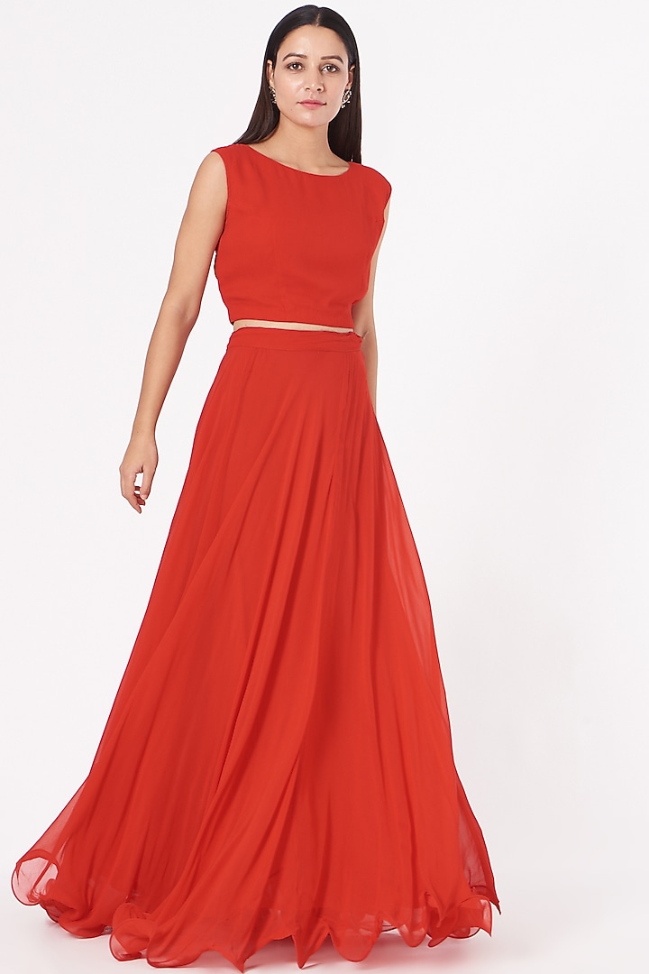 Cadmium Red Georgette Skirt Set by Aksh at Pernia's Pop Up Shop