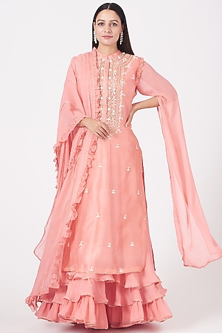 Peach Kurta Set With Zardosi Work by Aksh