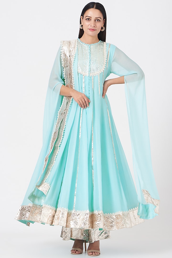 Aqua Chiffon Anarkali Set by Aksh at Pernia's Pop Up Shop