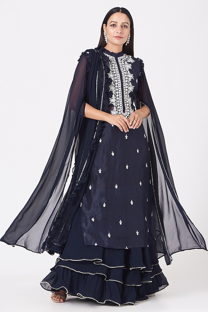 Navy Blue Organza Kurta Set by Aksh