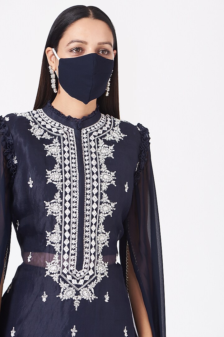 Navy Blue Organza Kurta Set by Aksh at Pernia's Pop Up Shop