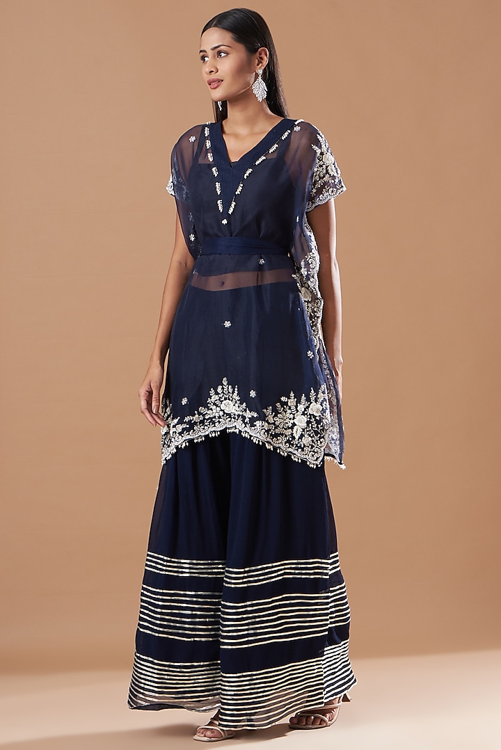 Midnight Blue Embroidered Sharara Set by Aksh at Pernia's Pop Up Shop