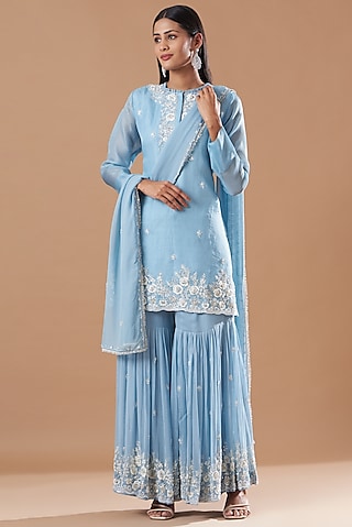 Powder Blue Embroidered Sharara Set by Aksh