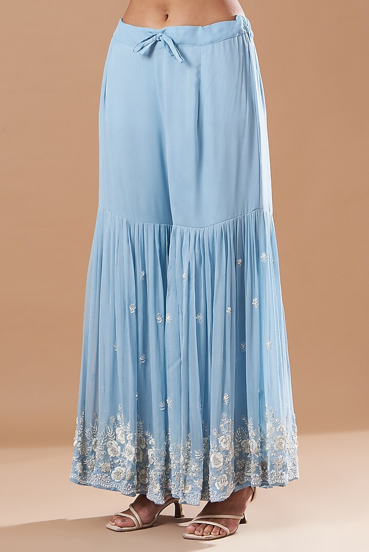 Powder Blue Embroidered Party Wear Sharara Set by Aksh at Pernia's Pop Up Shop