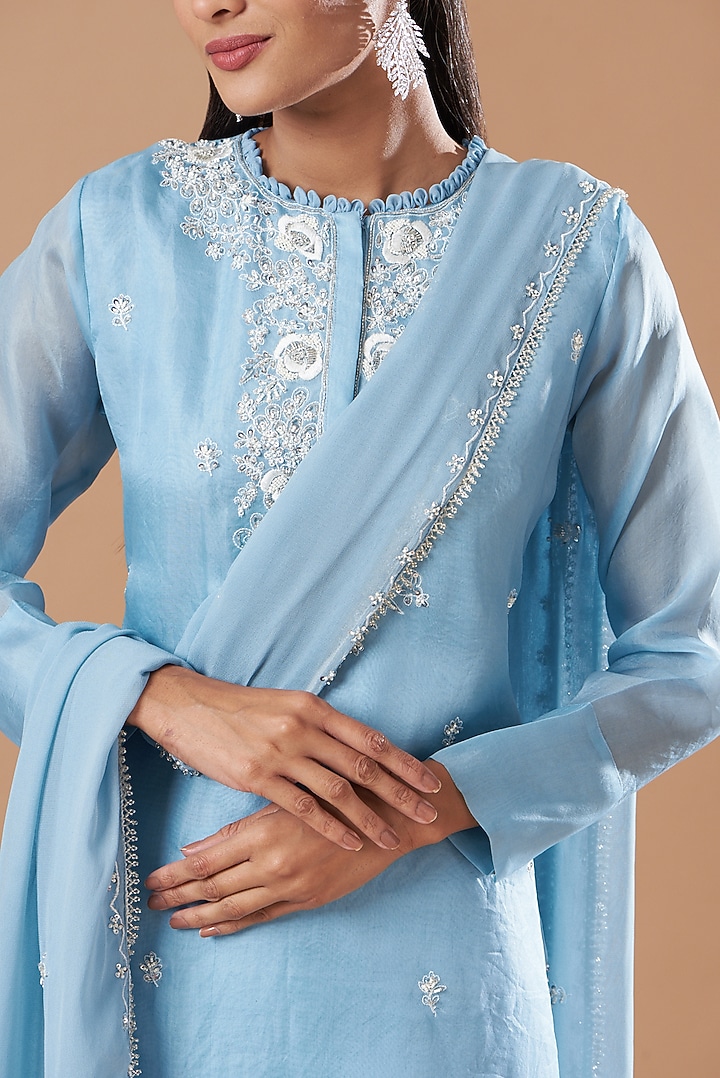Powder Blue Embroidered Party Wear Sharara Set by Aksh at Pernia's Pop Up Shop