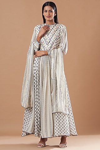 White Printed Anarkali Set by Aksh