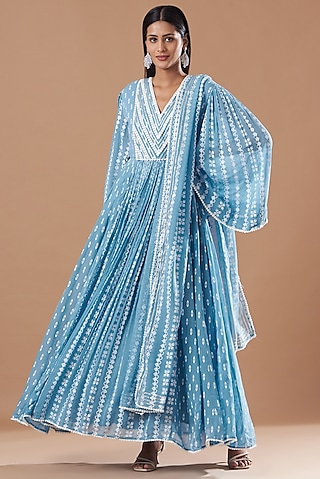 Blue Printed Anarkali Set by Aksh