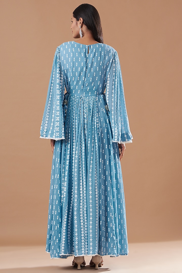 Blue Printed Party Wear Anarkali Set by Aksh at Pernia's Pop Up Shop