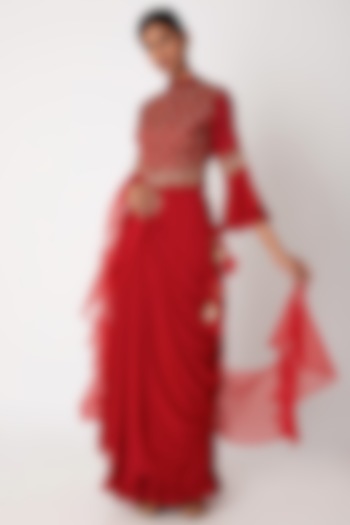 Red Embroidered Draped Skirt Set by Aksh