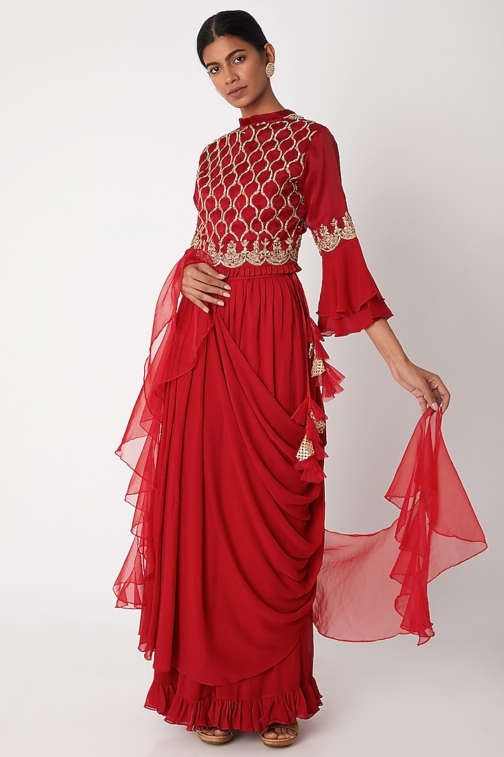 Red Embroidered Draped Skirt Set by Aksh