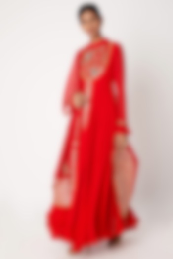 Red Embroidered Anarkali With Jacket & Dupatta by Aksh