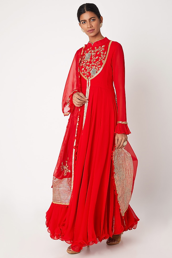 Red Embroidered Anarkali With Jacket & Dupatta by Aksh