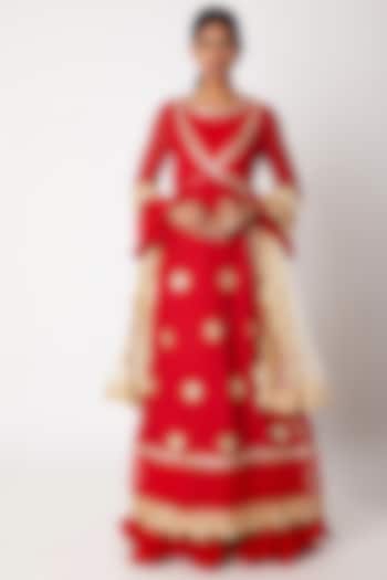 Red Embroidered Anarkali With Angrakha & Dupatta by Aksh
